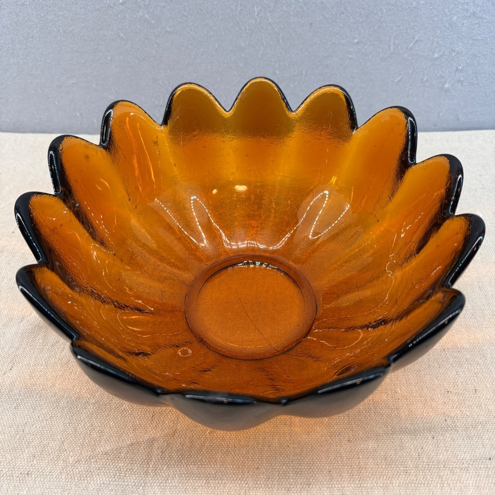 Vintage Blenko 6143L Amber Scalloped Bowl Wayne Husted Art Glass 10" MCM